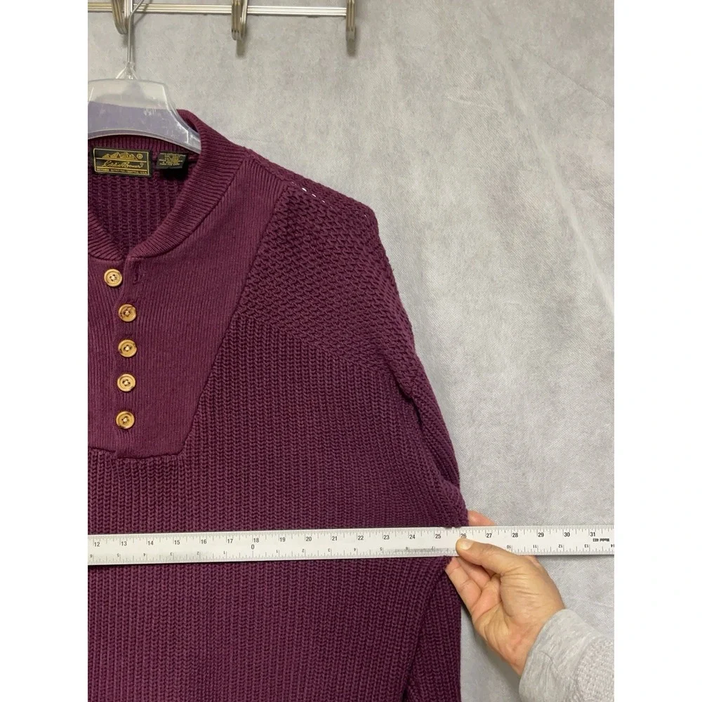 VTG Eddie Bauer Sweater Men L Maroon Chunky‎ Knit Henley Pullover Heavy Nordic - Picture 5 of 10
